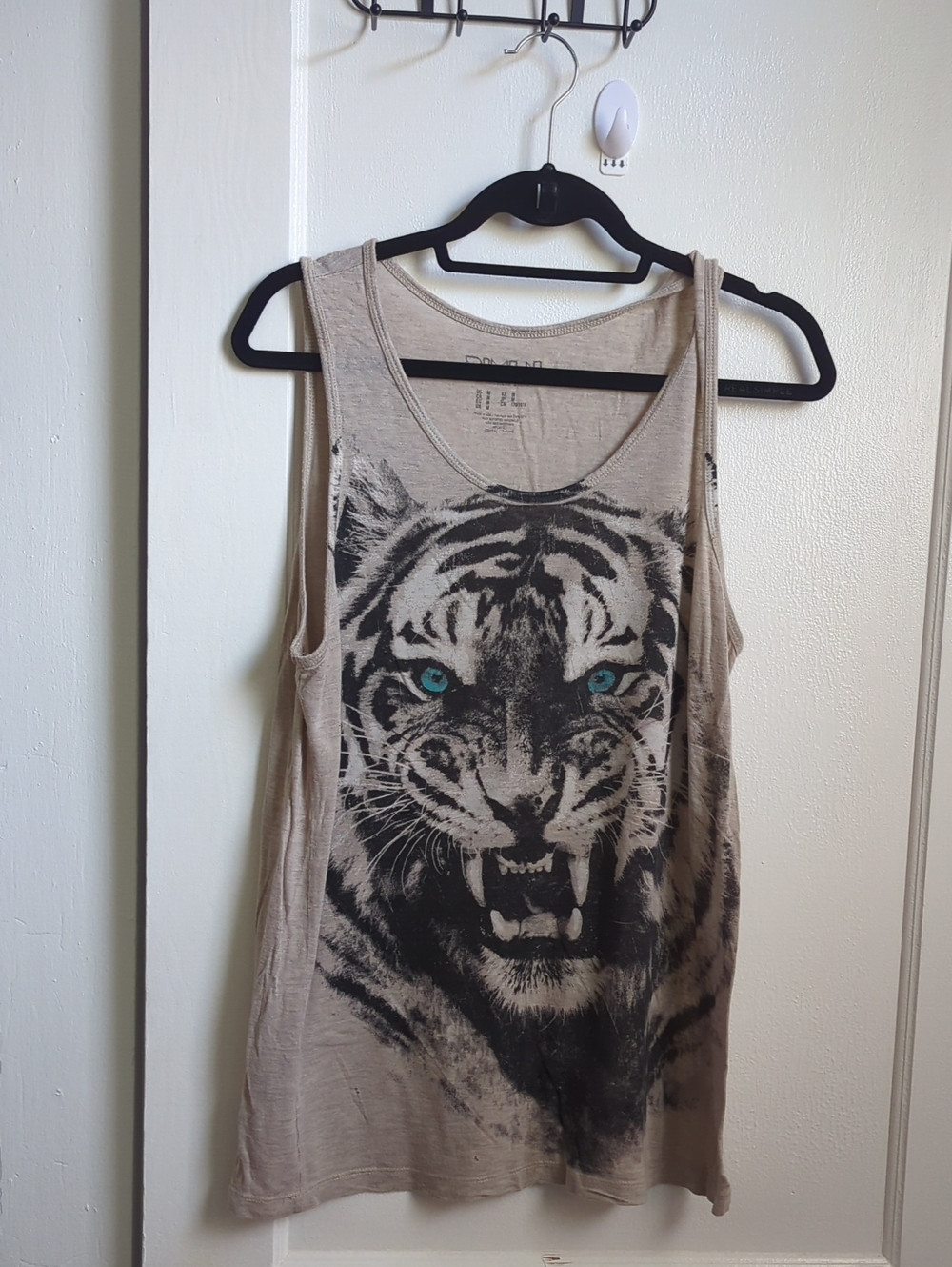 Forever21 Men Graphic Tiger Tank Top - Beige with Teal Eyes Size M